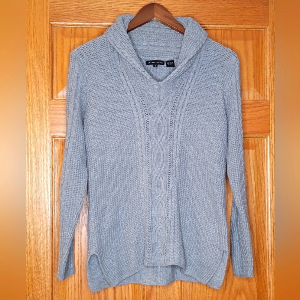 EUC Jeanne Piere 100% Cotton Shawl Collar Fisherman's Knit Sweater Grey Sz S